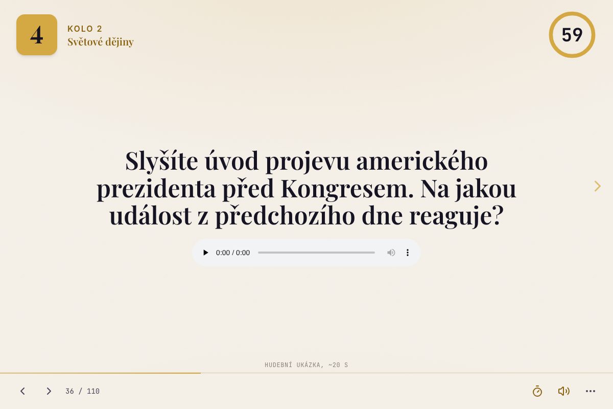 Audio otázka z kvízu s přehrávačem hudební ukázky